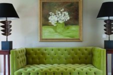 19 upholstered lime sofa contrasts with black lamps