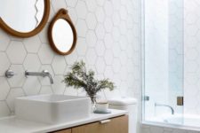 19 white hex tiles on the floors look cool with warm wood touches
