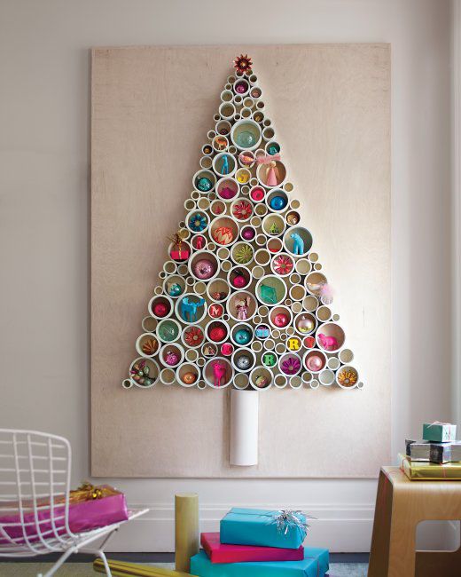 PVC pipe Christmas tree with ornaments put inside