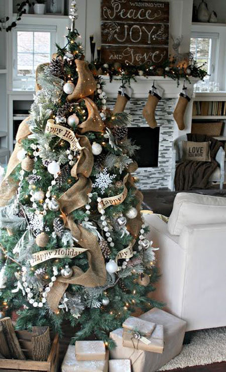 burlap garland and big pinecones on the tree