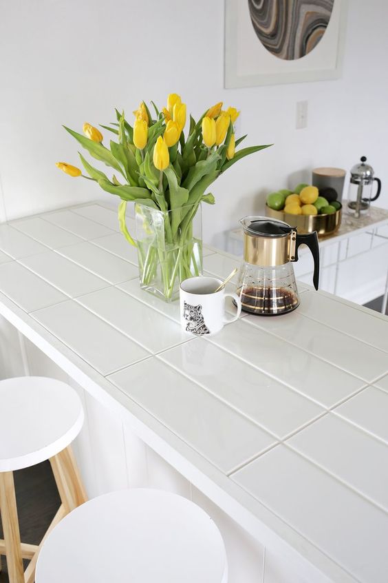 long tile countertop with white grout