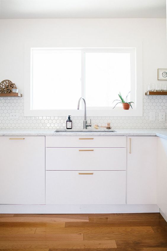 tiny white hex tiles for peaceful kitchen decor