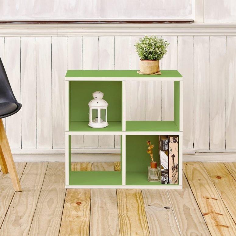 white and lime green cabinet for storage
