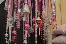 21 colorful ornament hanging in pink, silver and gold
