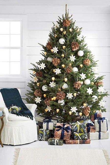 oversized pinecones, gold and white ornaments look elegant together