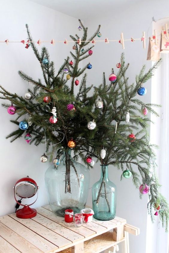 evergreen branches with bold vintage ornaments