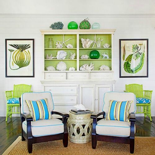 greenery chairs and the inner part of the display to make things stand out