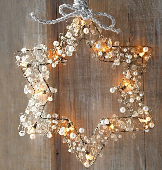 metal star decorated with pearls, crystals and string lights