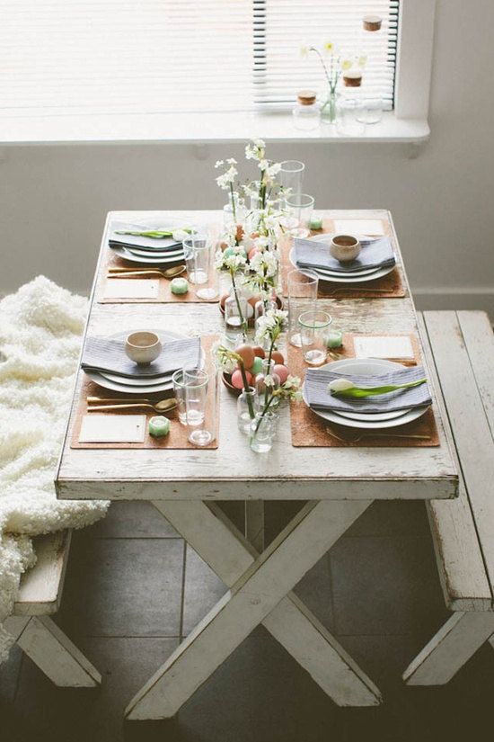 Rustic shabby chic farm inspired table with benches and fur