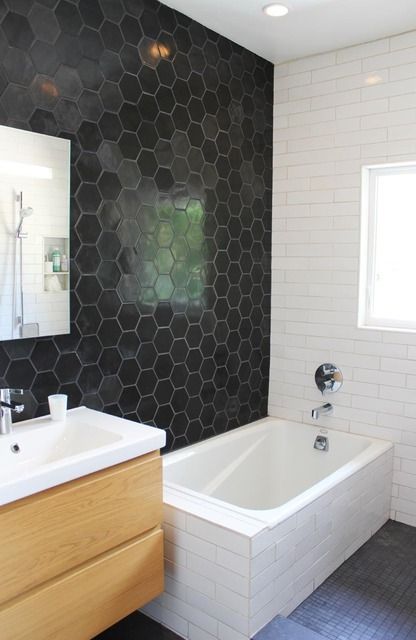 black honeycomb tiles on the wall