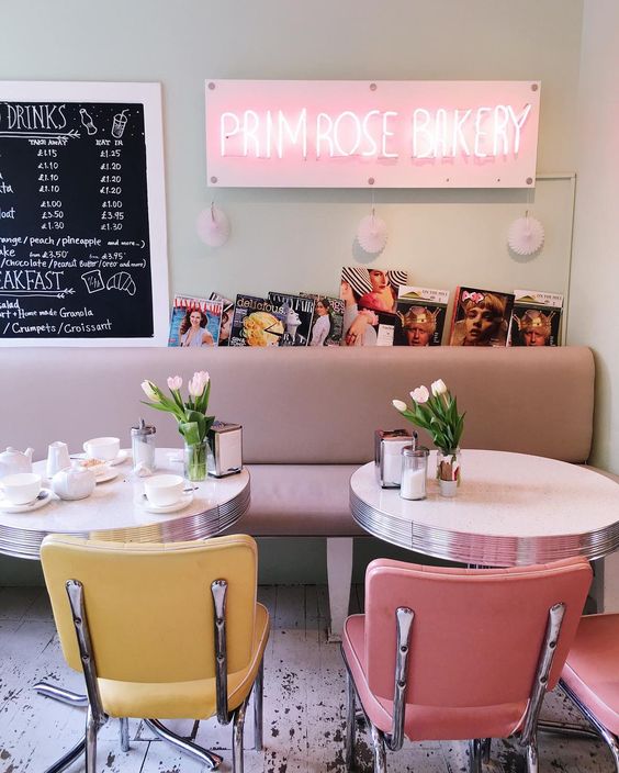 Mid century modern coffee shop in pink and yellow