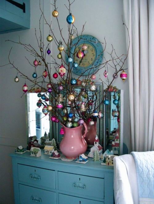 branches decorated with vintage ornaments for decor