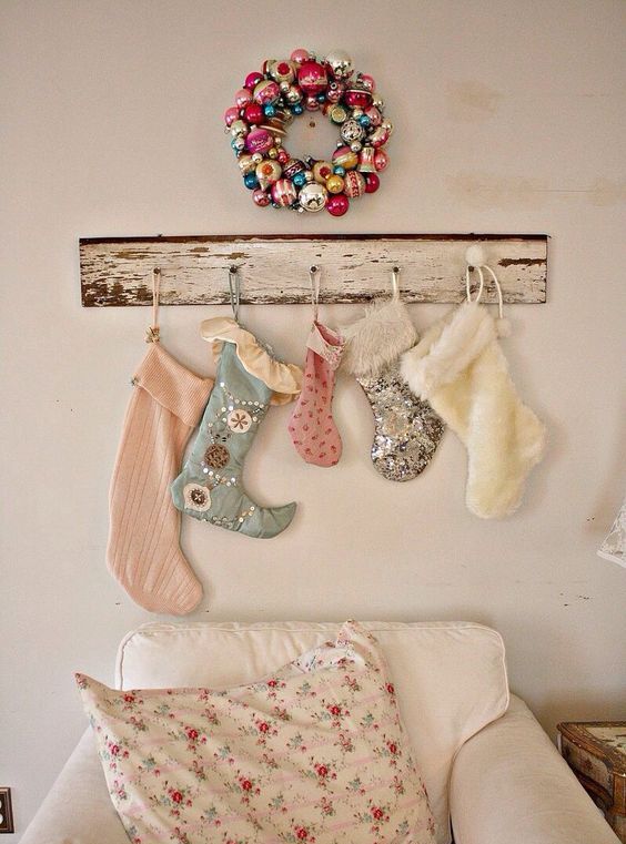 shabby chic stockings assortment and bold vintage ornaments wreath