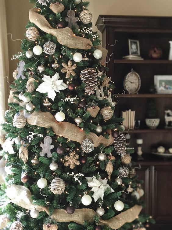 felt ornaments, large pinecones, burlap ribbon and brown ornaments