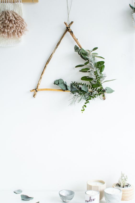 foraged triangle Christmas wreath with greenery