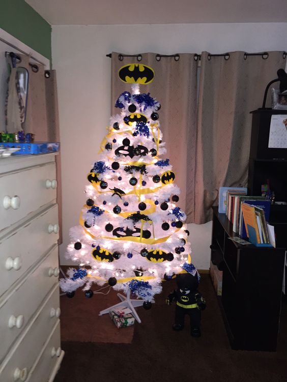 white Batman Christmas tree with yellow and black decor