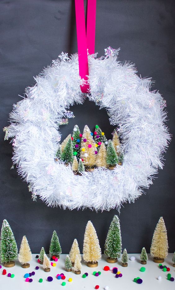fluffy white Christmas wreath with bottle brush tiny trees and pompoms