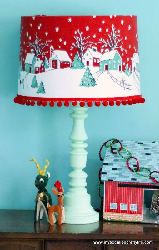 retro Christmas tablecloth turned into a lampshade