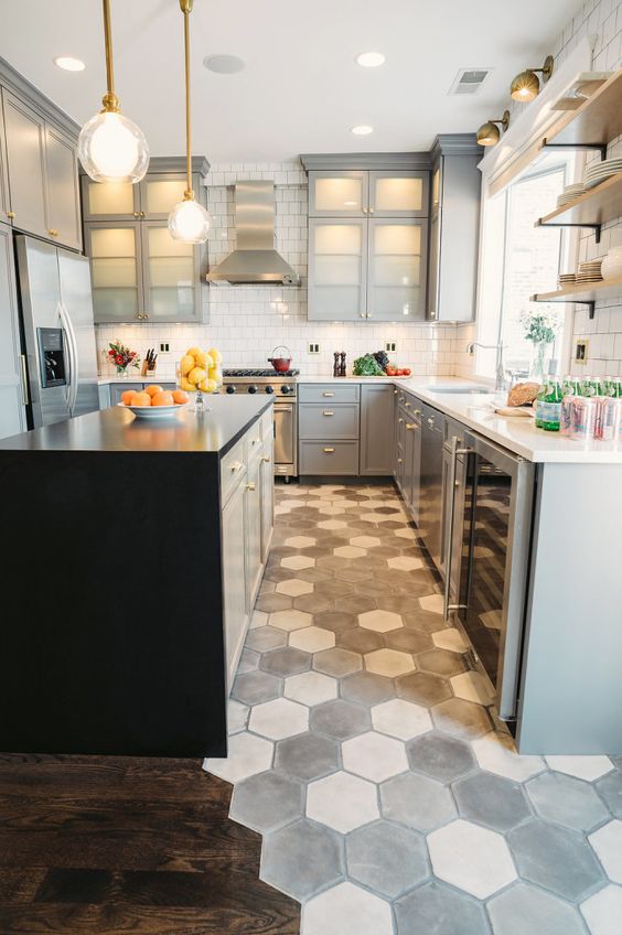 mosaic grey honeycomb floor makes a statement in this neutral grey kitchen