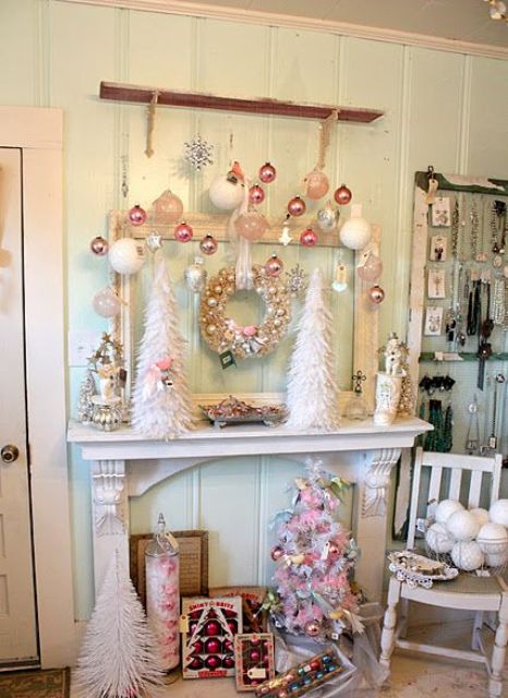 shabby chic Christmas faux mantel with pastel ornaments and trees