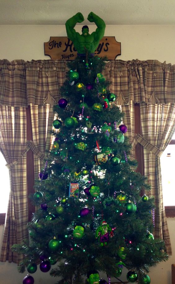 bold Hulk Christmas tree in purple and green