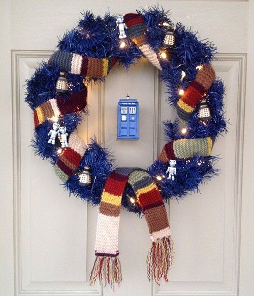 blue wreath with lights, a scarf and Tardis
