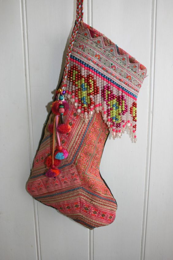 vintage boho style stocking with multiple beads