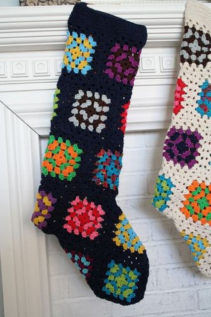 Granny square stockings in bold colors