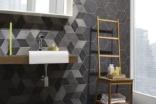 39 modern bathroom decor with grey and black hex tiles