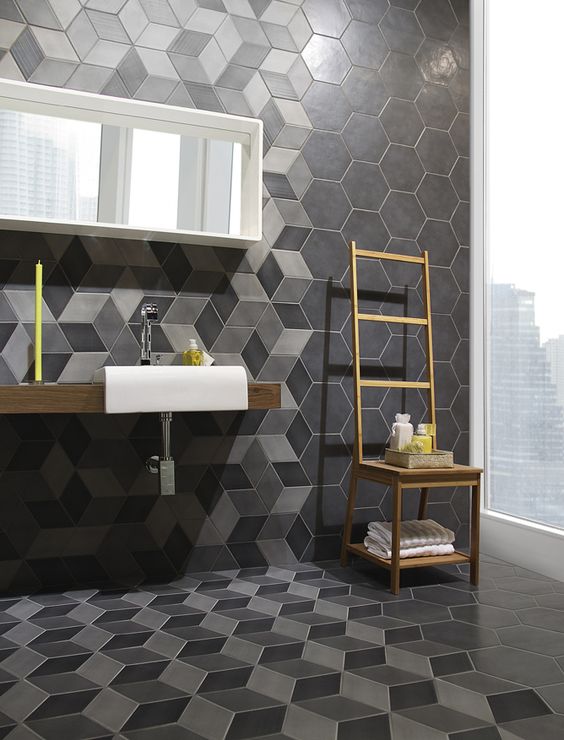 modern bathroom decor with grey and black hex tiles