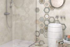40 beige hex tiles in the shower, colorful hex tiles for walls and floors