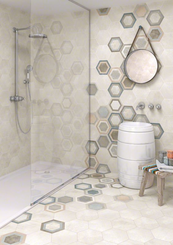 beige hex tiles in the shower, colorful hex tiles for walls and floors