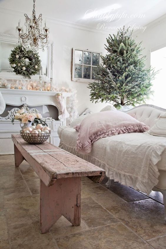 sweet pastel pink and ivory living room decor with ornaments, flowers, ruffkes and lights