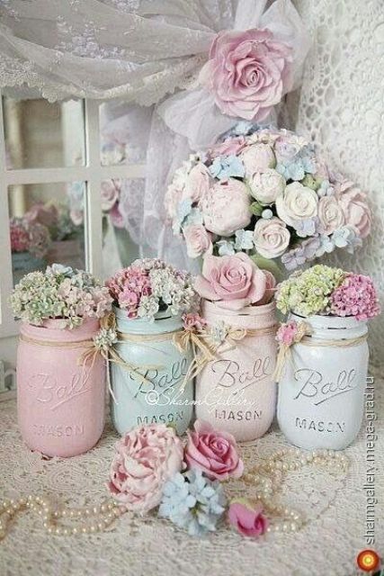 usual mason jars can be turned into pastel vases for flowers