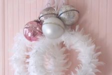 45 white feather wreath with vintage pastel ornaments