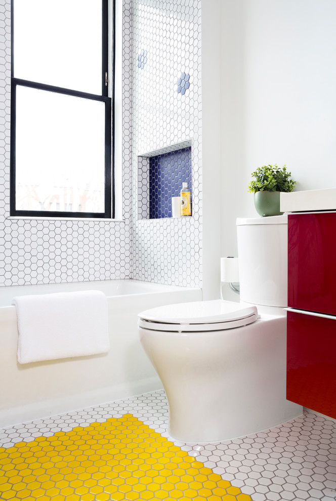 pops of color are easy to achieve in a white hex tiled bathroom (Davida's Kitchen & Tiles)
