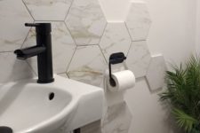 hex tiles could be used to create interesting backslashes around washbasins and bathtubs