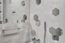 there are even mirrored hex tiles that could become a special touch to a bathroom wall