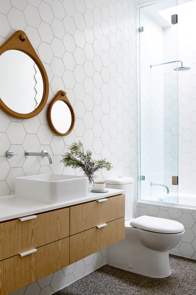 natural wood looks great on a wall covered with plain white hex tiles (Fibonacci Stone)