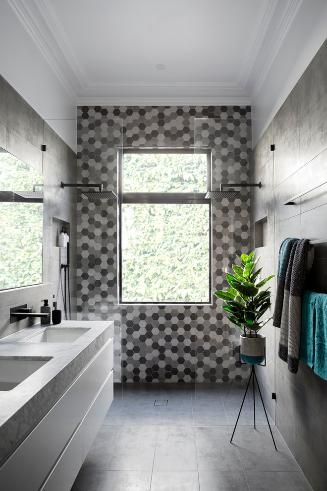 geometric tile pattern creates a wall that makes a statement (GIA Bathrooms & Kitchens)