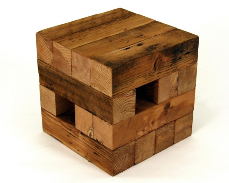 Koper end table is made of pieces of decrepit Los Angeles buildings, its weathered wood looks cozy