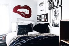 03 black and white done right, red lip art and famous women photos on the walls
