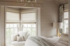 03 rustic taupe bedroom with planked walls and ceiling, taupe textiles