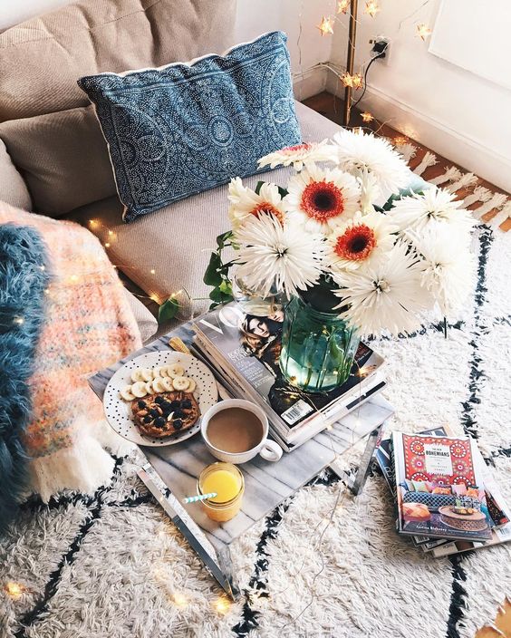 textured upholstery and a fluffy rug make this nook cozier