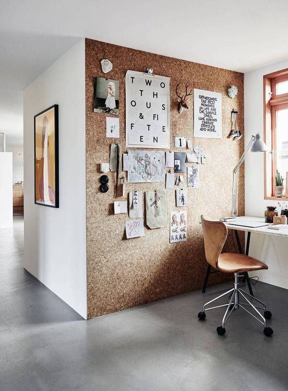 a cork wall for a home office nook is a great idea that can double as a pinboard
