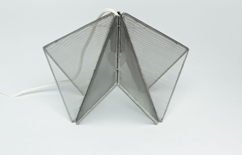 Kanaami origami lamp includes a steel structure and mesh that recreates the basic folds of origami