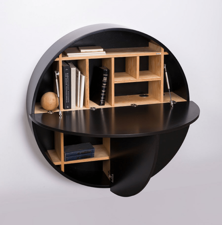 The desk is also available in black, with the same warm-colored wood shelves inside