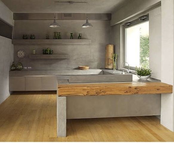 concrete walls and countertops echo and create a mood in this kitchen
