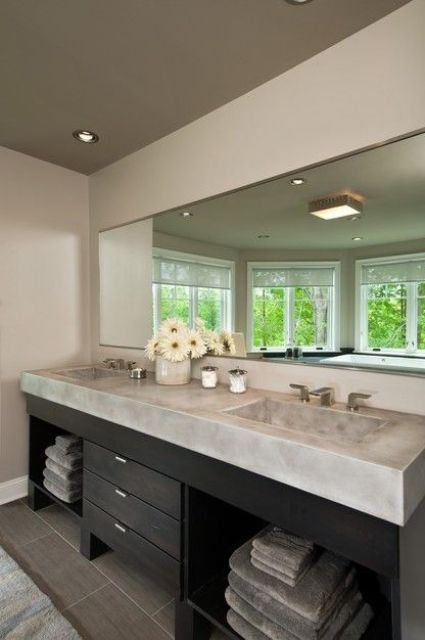 single monolith countertop and two sinks for a large bathroom