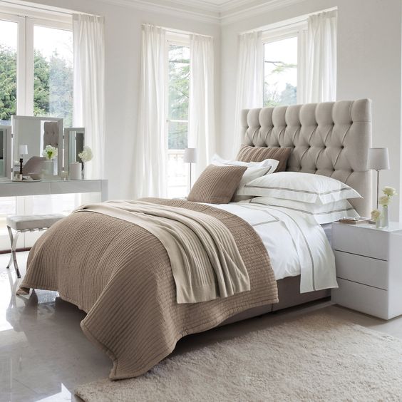 modern neutral bedroom with taupe-colored bedding for highlighting the sleeping space